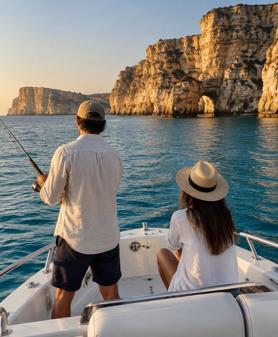 Two people fishing from a small white boat on calm turquoise water