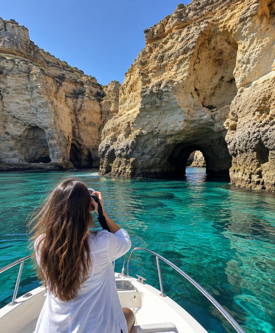 Person photographising a turquoise cove and limestone cliffs from a boat