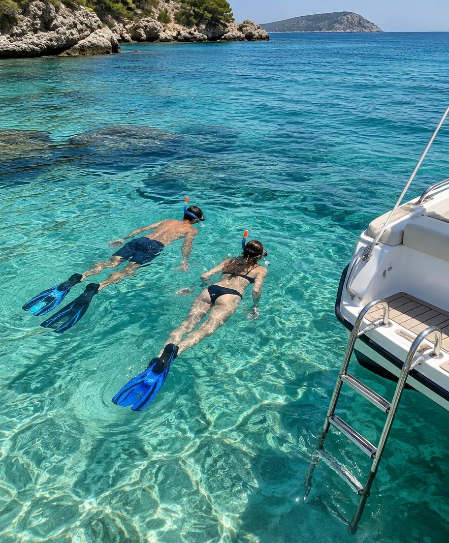 People snorkelling in clear turquoise water beside a white boat