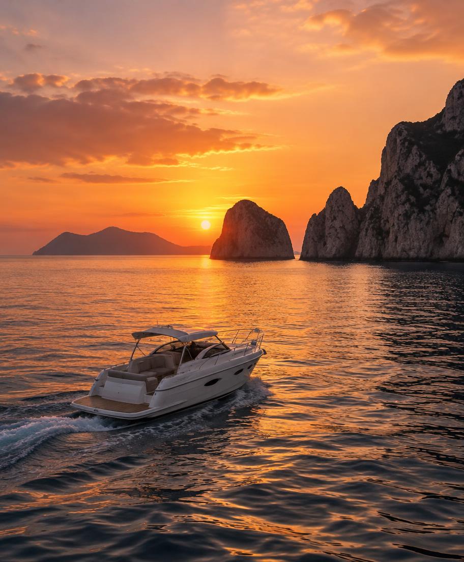 White boat cruising on calm water during a golden sunset