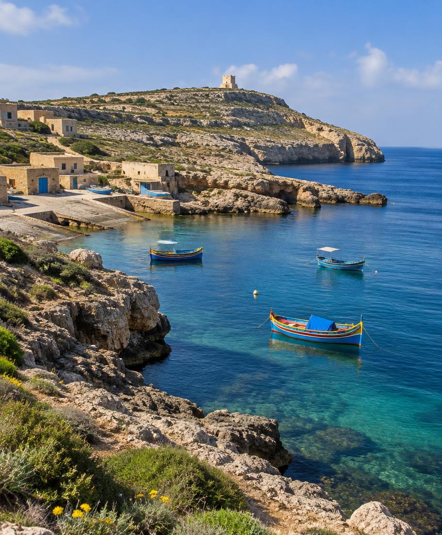 Calm bay on Gozo with traditional colourful fishing boats
